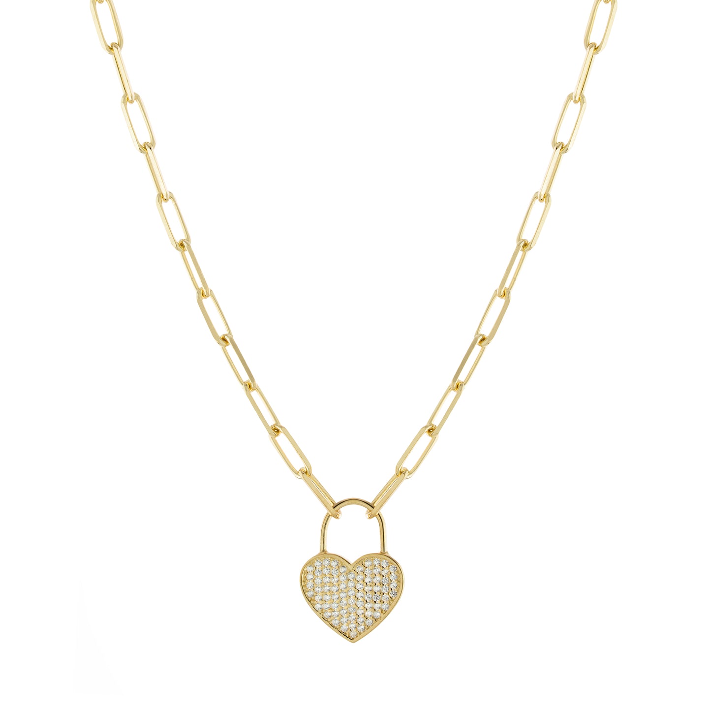 14K Gold-Plated CZ Heart Lock Pendant Paper Clip Link Necklace