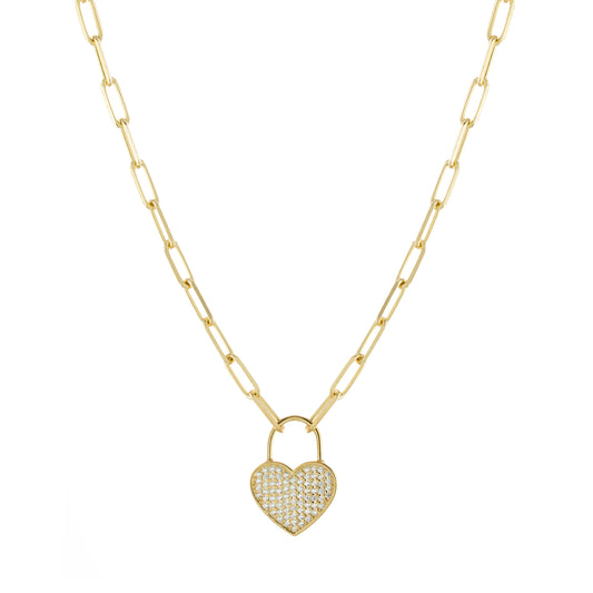 14K Gold-Plated CZ Heart Lock Pendant Paper Clip Link Necklace