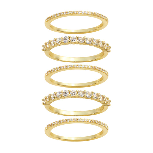 14K Gold-Plated Sterling Silver CZ Stackable Ring Set - 5 Pieces