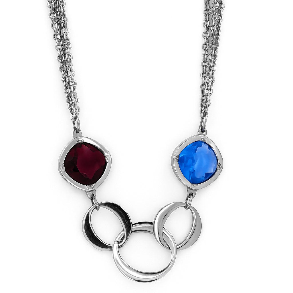 Stainless Steel Blue & Purple Stone Three-Strand Rolo Link 20" Necklace